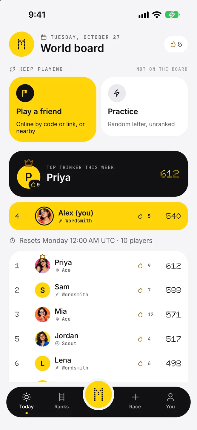 The Today tab: today's letter, Keep playing and this week's world board